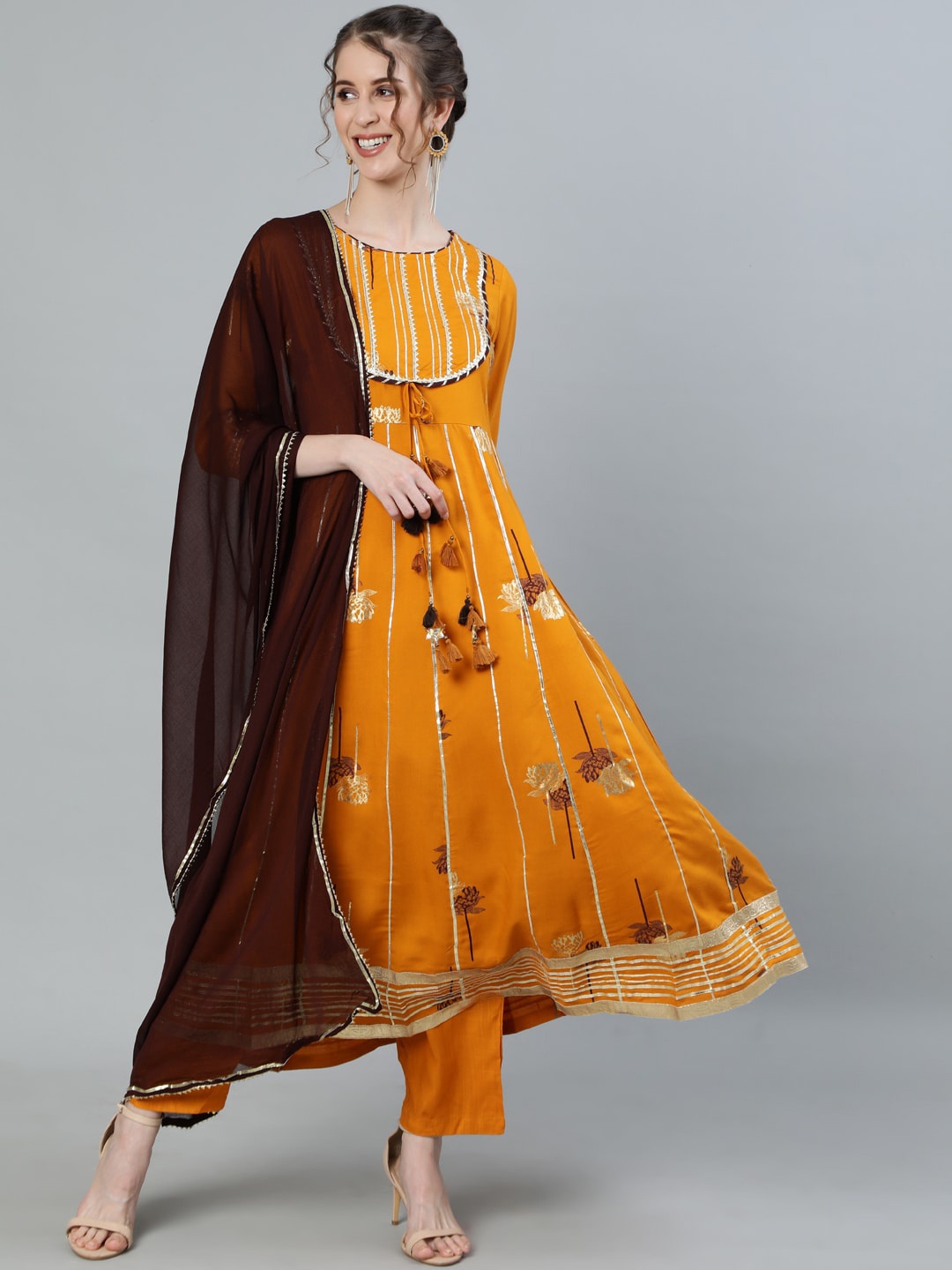 

Ishin Women Mustard Yellow Floral Empire Kurta with Trousers & With Dupatta