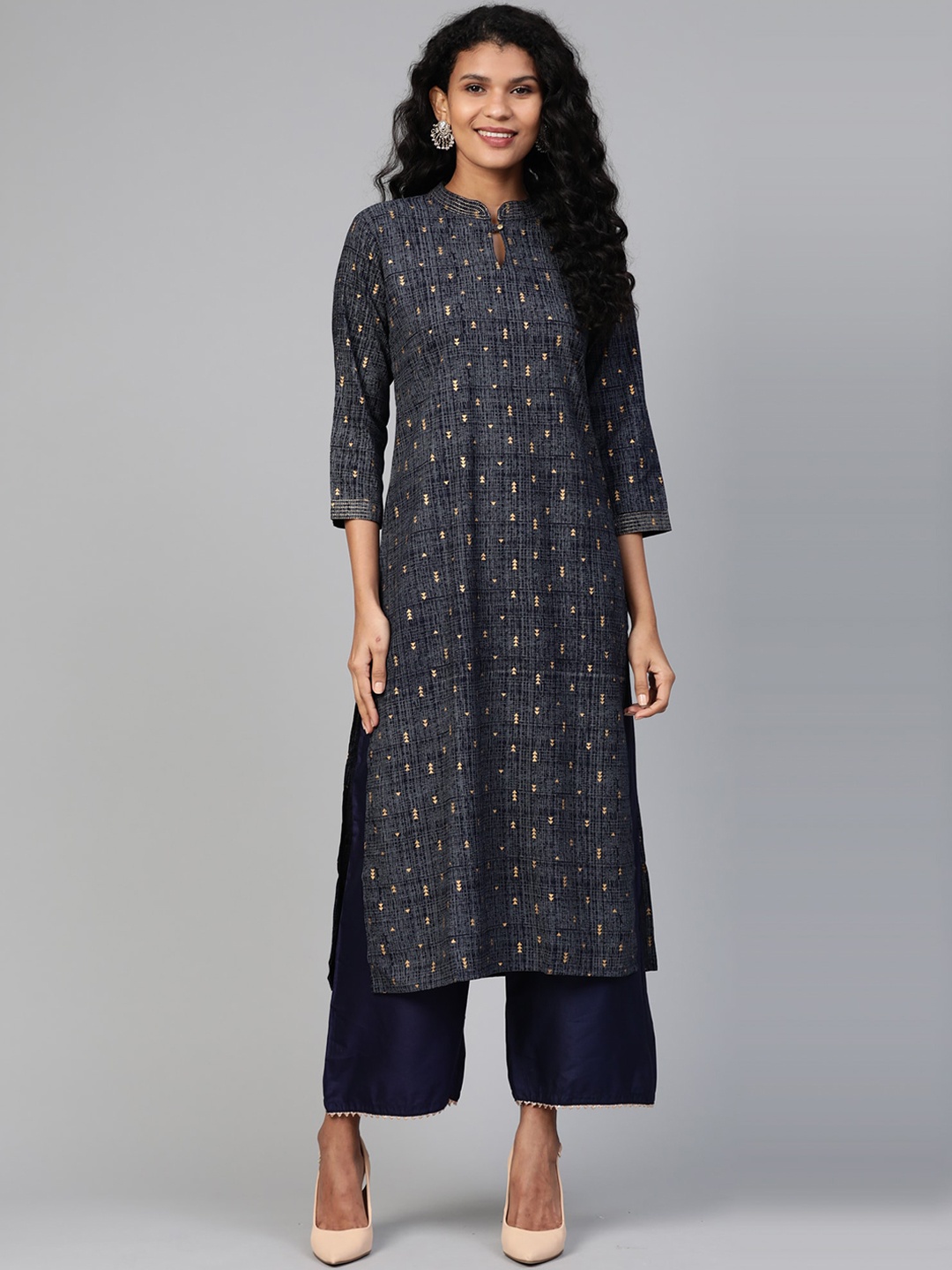 

Indo Era Women Blue Geometric Printed Thread Work Kurta