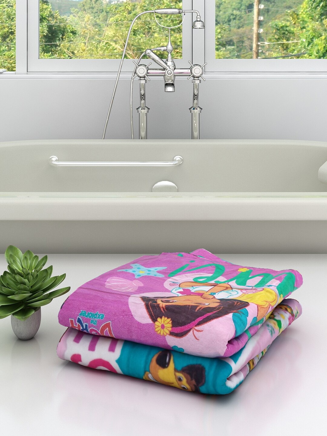 Athom Trendz Kids Set Of 2 Masha The Bear And Dora Printed 350 GSM Pure Cotton Bath Towels, Pink