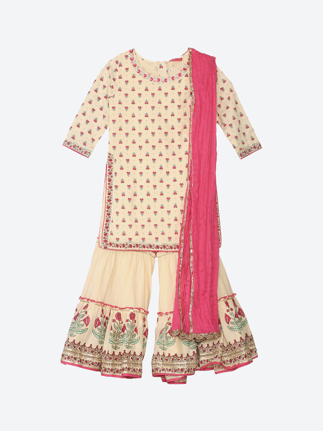 

Biba Girls Cream Ethnic Motifs Printed Kurta with Palazzos & Dupatta & 2-Ply Cloth Mask