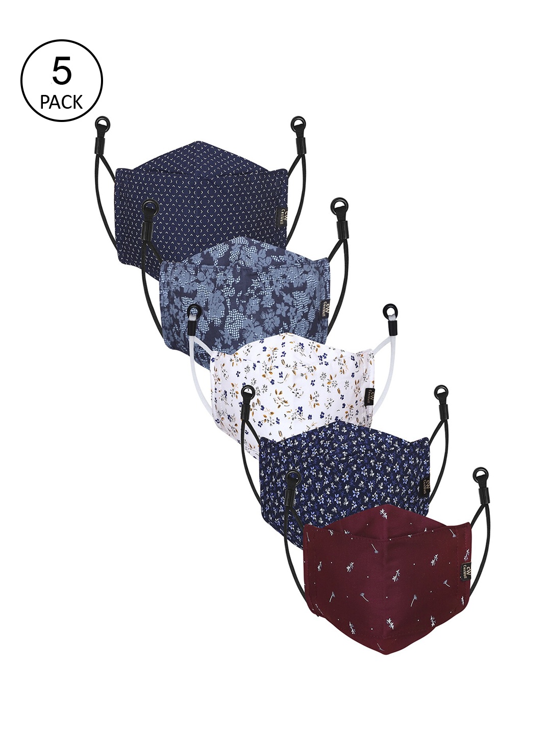 

CENWELL Unisex Pack Of 5 Printed 6-Ply Pure Cotton Reusable Cloth Masks, Blue