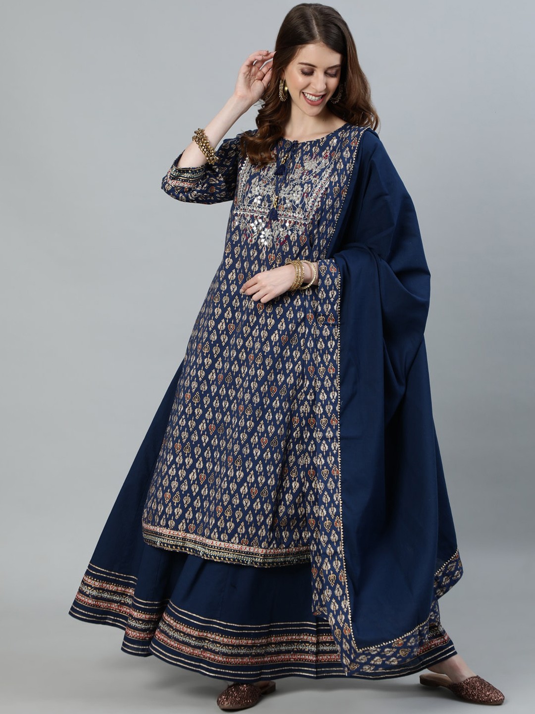 

Ishin Women Navy Blue Ethnic Motifs Printed Thread Work Pure Cotton Kurta with Palazzos & With Dupatta