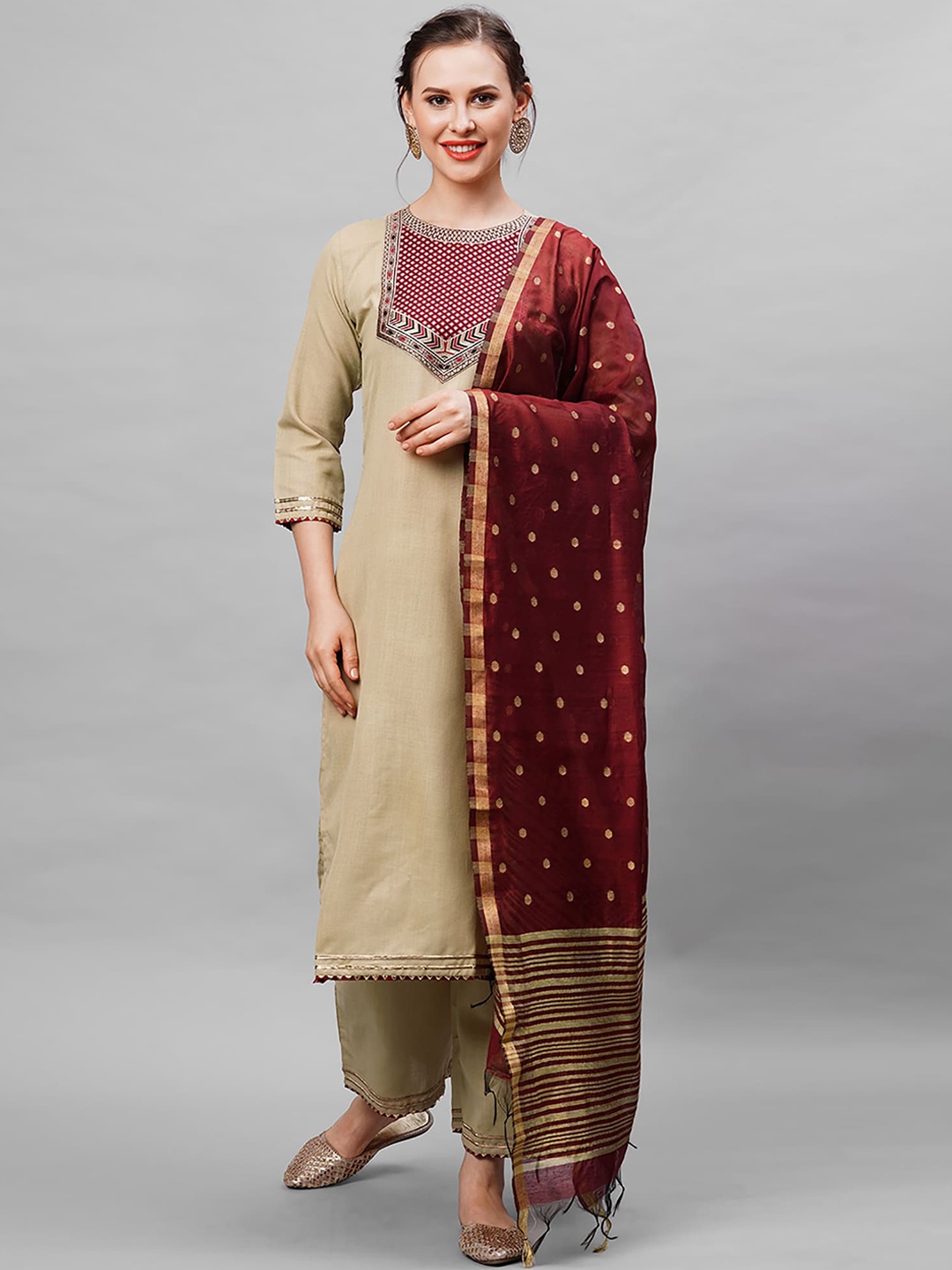 

Indo Era Women Beige Ethnic Motifs Kurta with Palazzos & With Dupatta