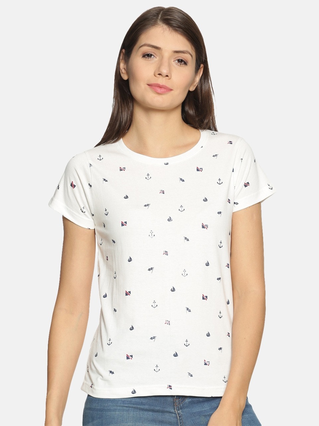 

Kryptic Women Off White Navy Blue Printed Pure Cotton T-shirt