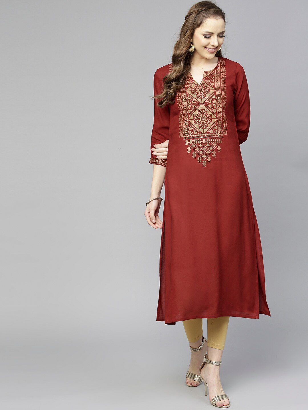 

Varanga Women Maroon Ethnic Motifs Yoke Design Thread Work Kurta