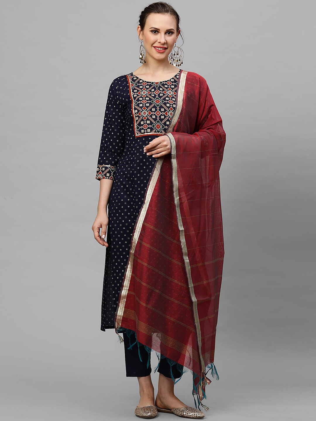 

Indo Era Women Navy Blue Ethnic Motifs Pure Cotton Kurta With Trousers & Dupatta