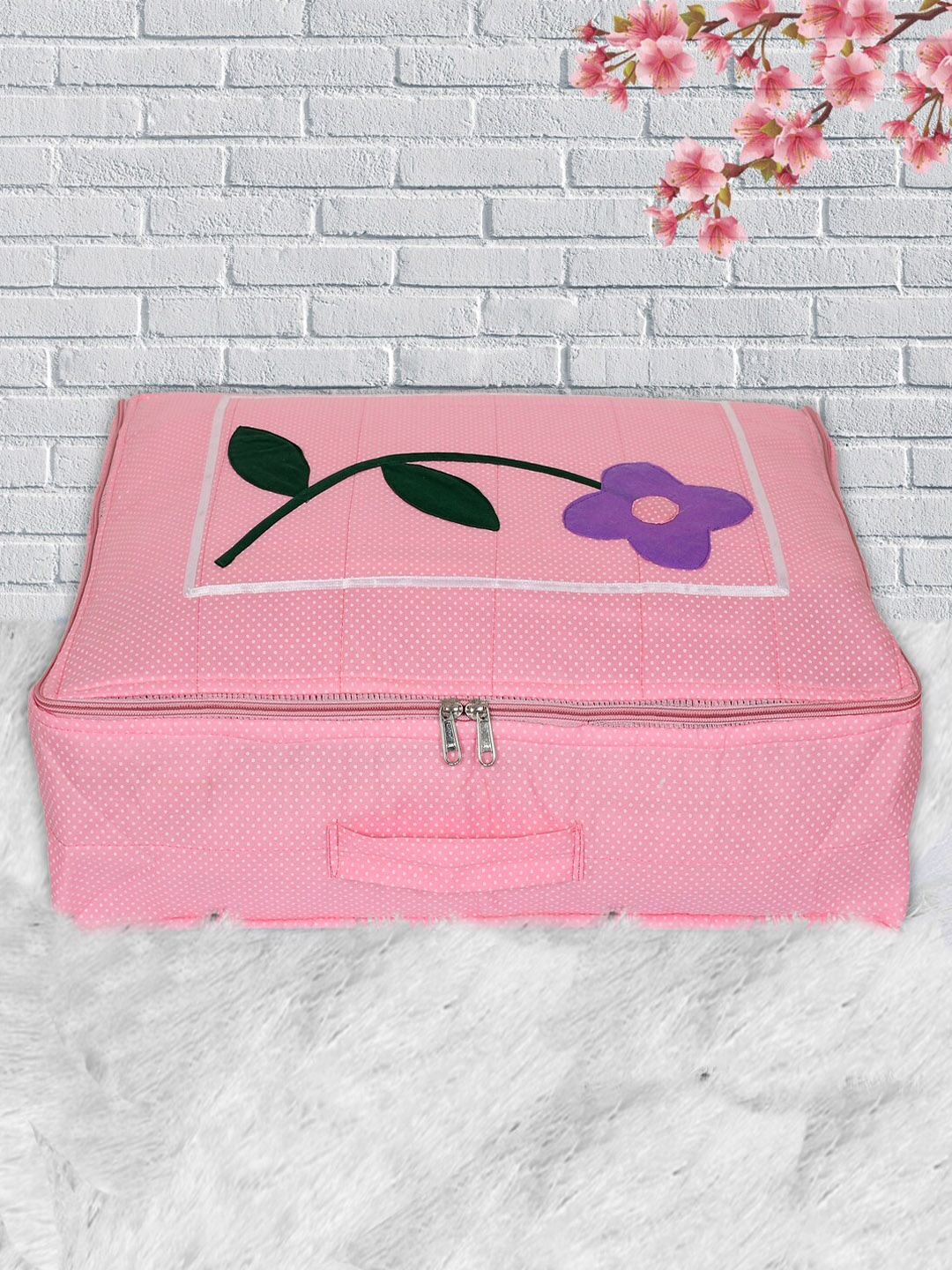 Kuber Industries Pink & White Printed Satin Saree Cover Organiser
