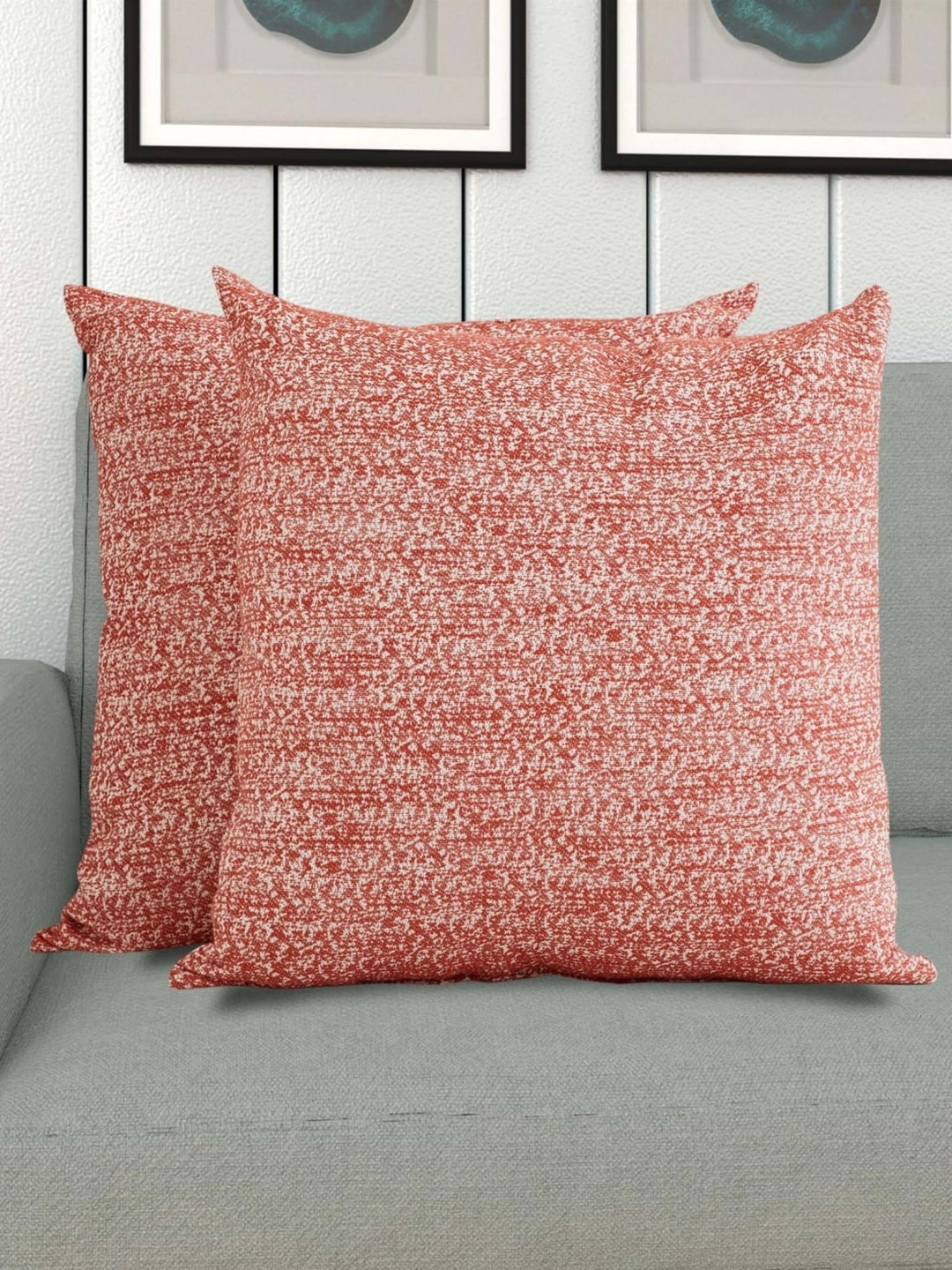 

Home Centre Set Of 2 Red & White Slub Textured Yarn-Dyed Cotton Square Floor Cushions