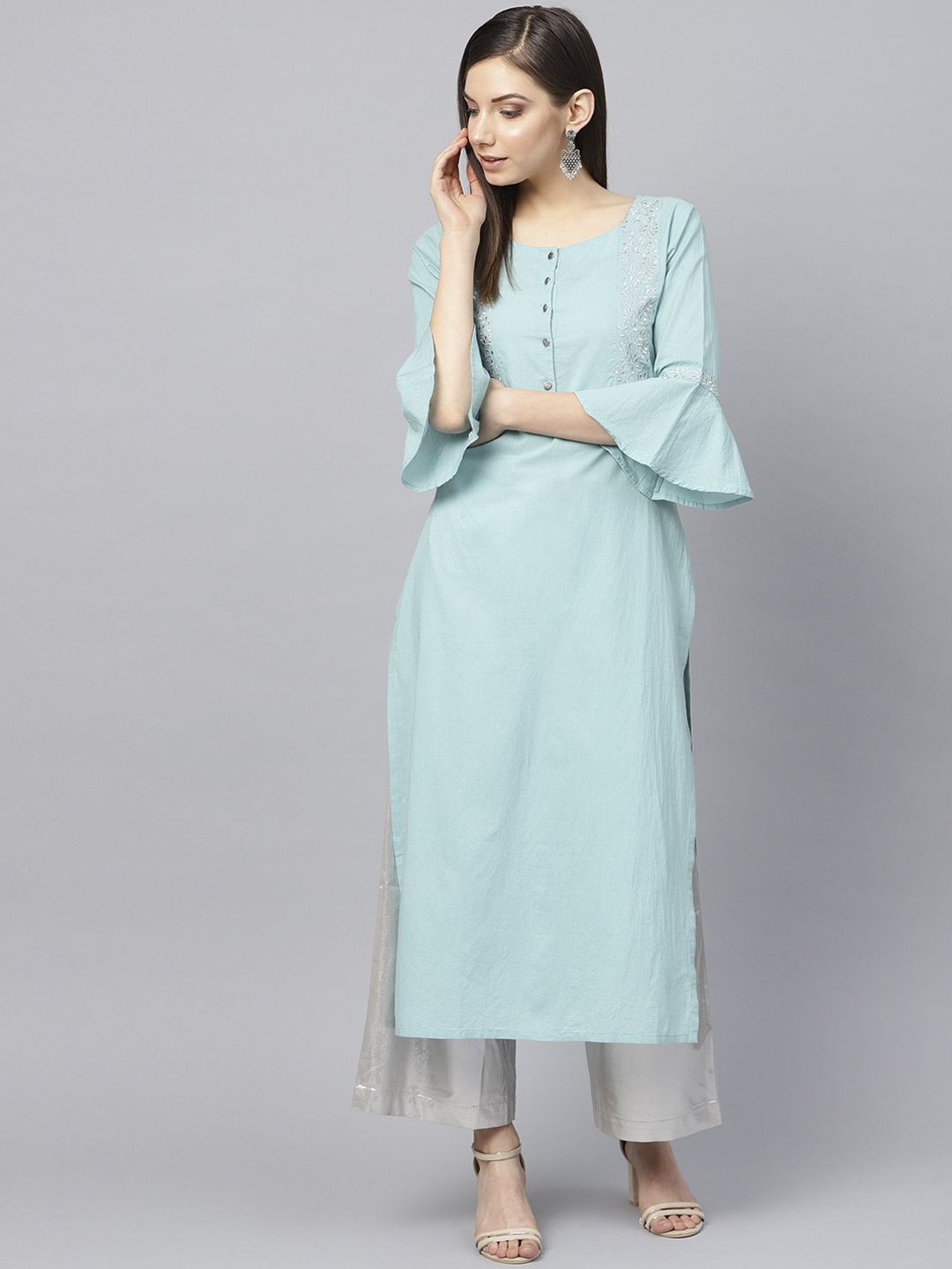 

Varanga Women Blue Embroidered Bell Sleeves Thread Work Kurta