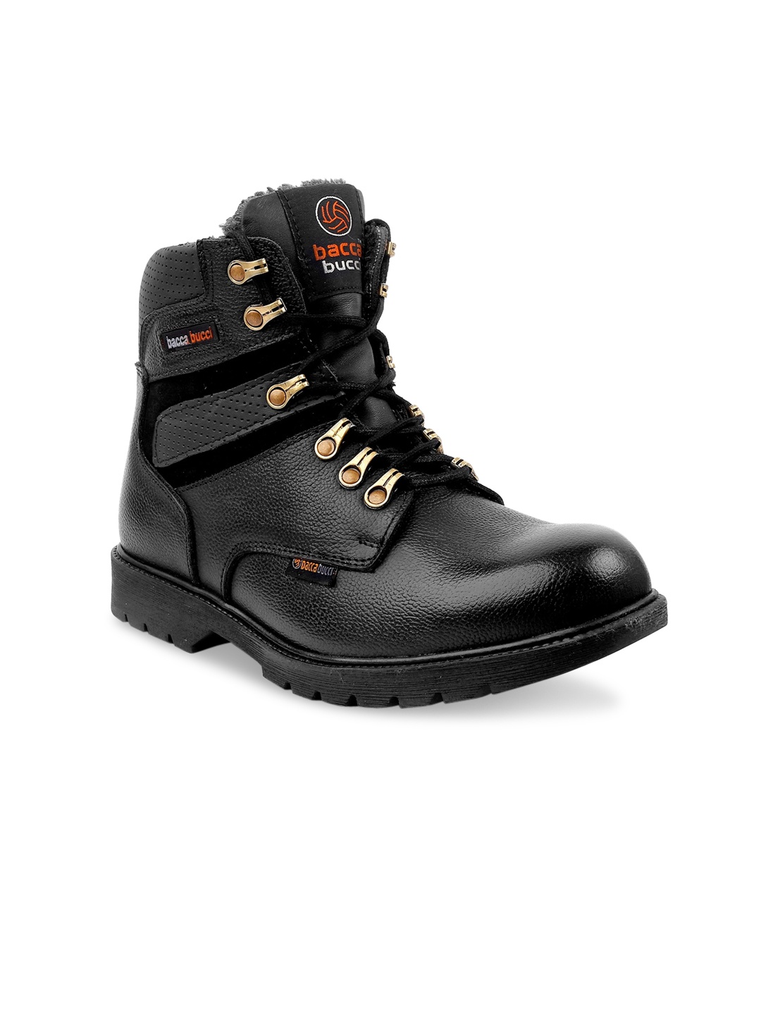Bacca Bucci Men Black Furred Lace-Ups Leather Flat Boots
