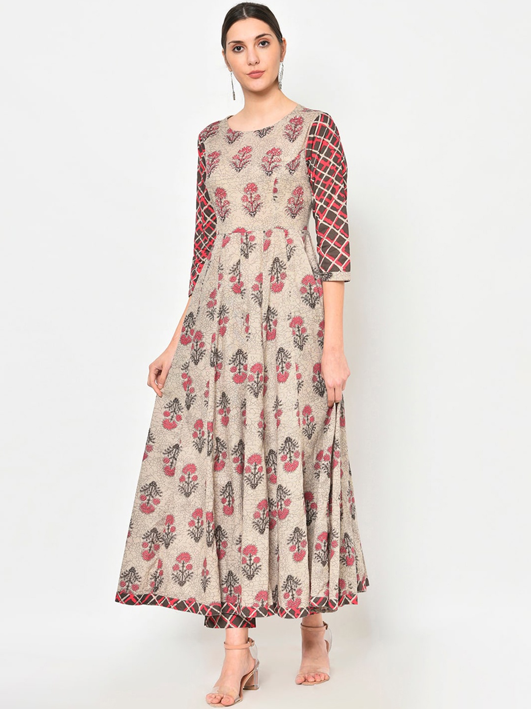 

DESI WOMANIYA Women Grey Floral Printed Pleated Pure Cotton Kurta with Trousers