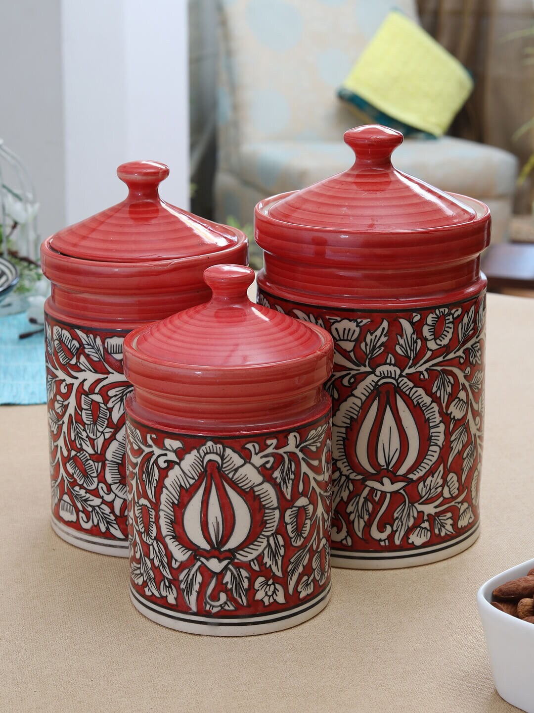 

MIAH Decor Set Of 3 Rust Red & White Hand Painted Ceramic Mughal Art Storage Jars