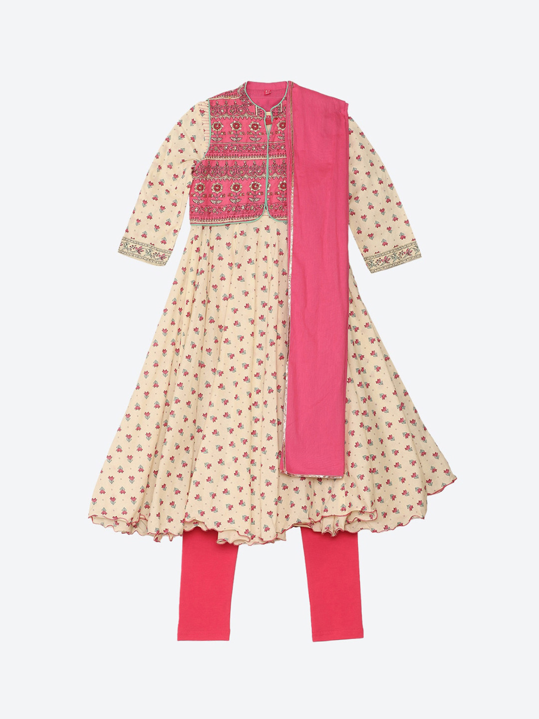 

Biba Girls Cream Floral Printed Kurta with Churidar & Dupatta