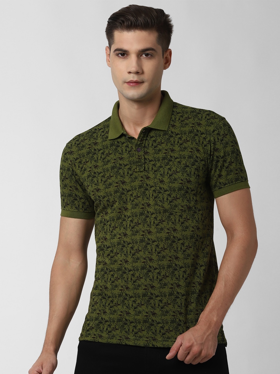Peter England Casuals Men Green Printed Polo Collar T-shirt