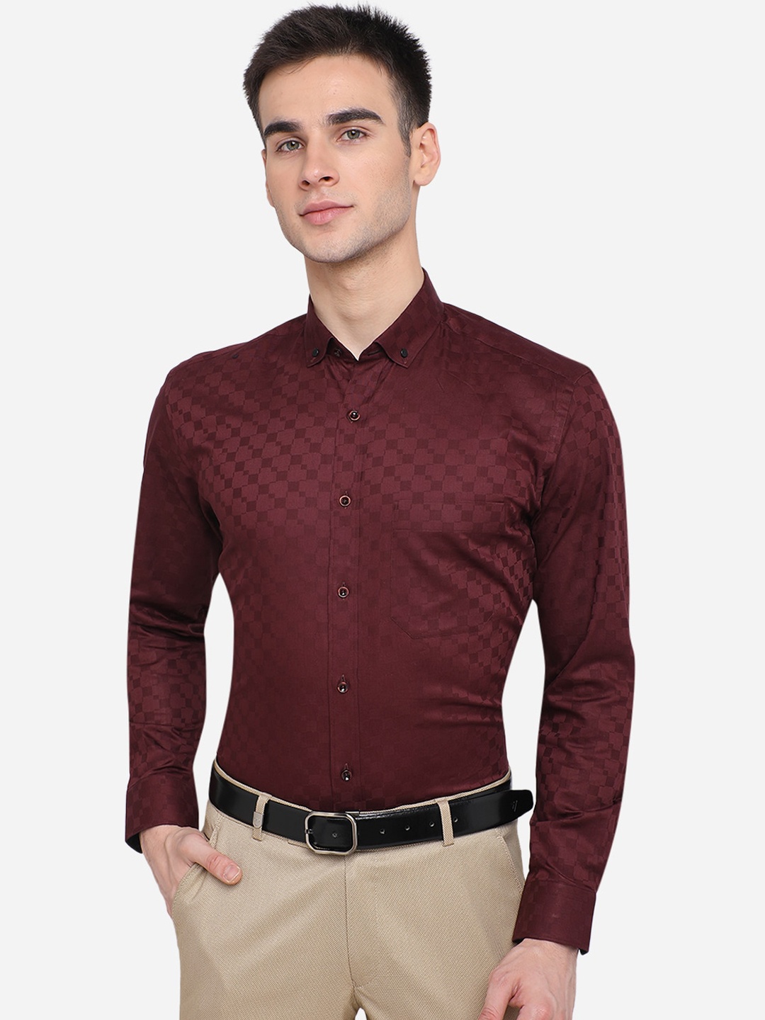 

Greenfibre Men Maroon Textured Slim Fit Pure Cotton Formal Shirt