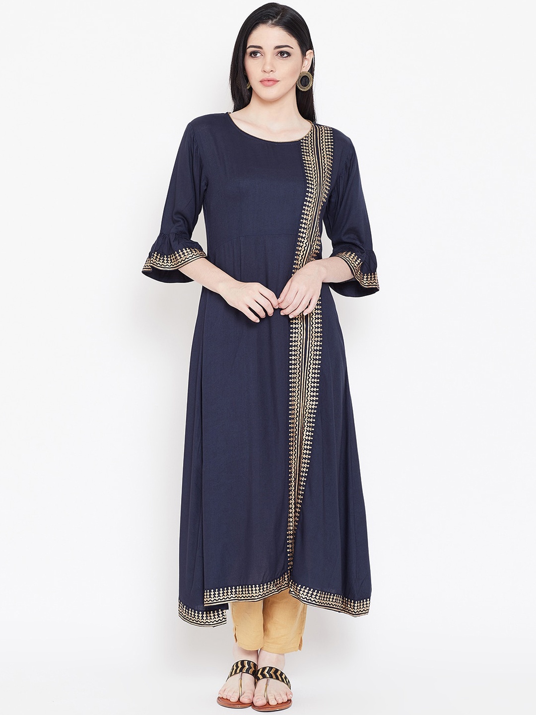 

studio rasa Women Navy Blue & Gold-Toned Ethnic Motifs Printed Bell Sleeves Kurta