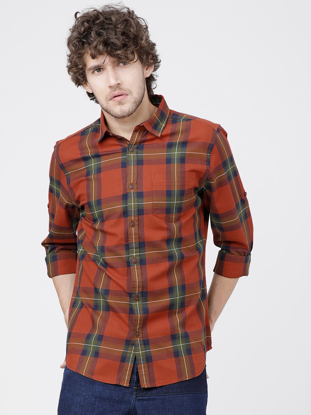 

LOCOMOTIVE Men Rust Slim Fit Checked Casual Shirt