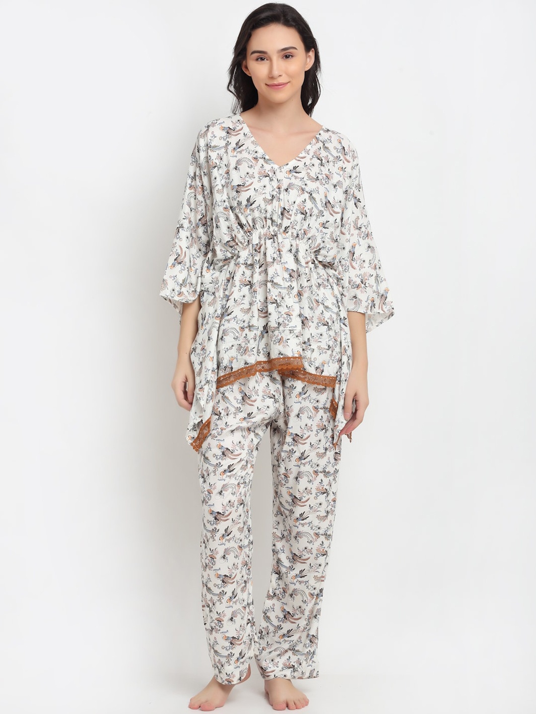 

EROTISSCH Women White & Grey Printed Kaftan Night suit