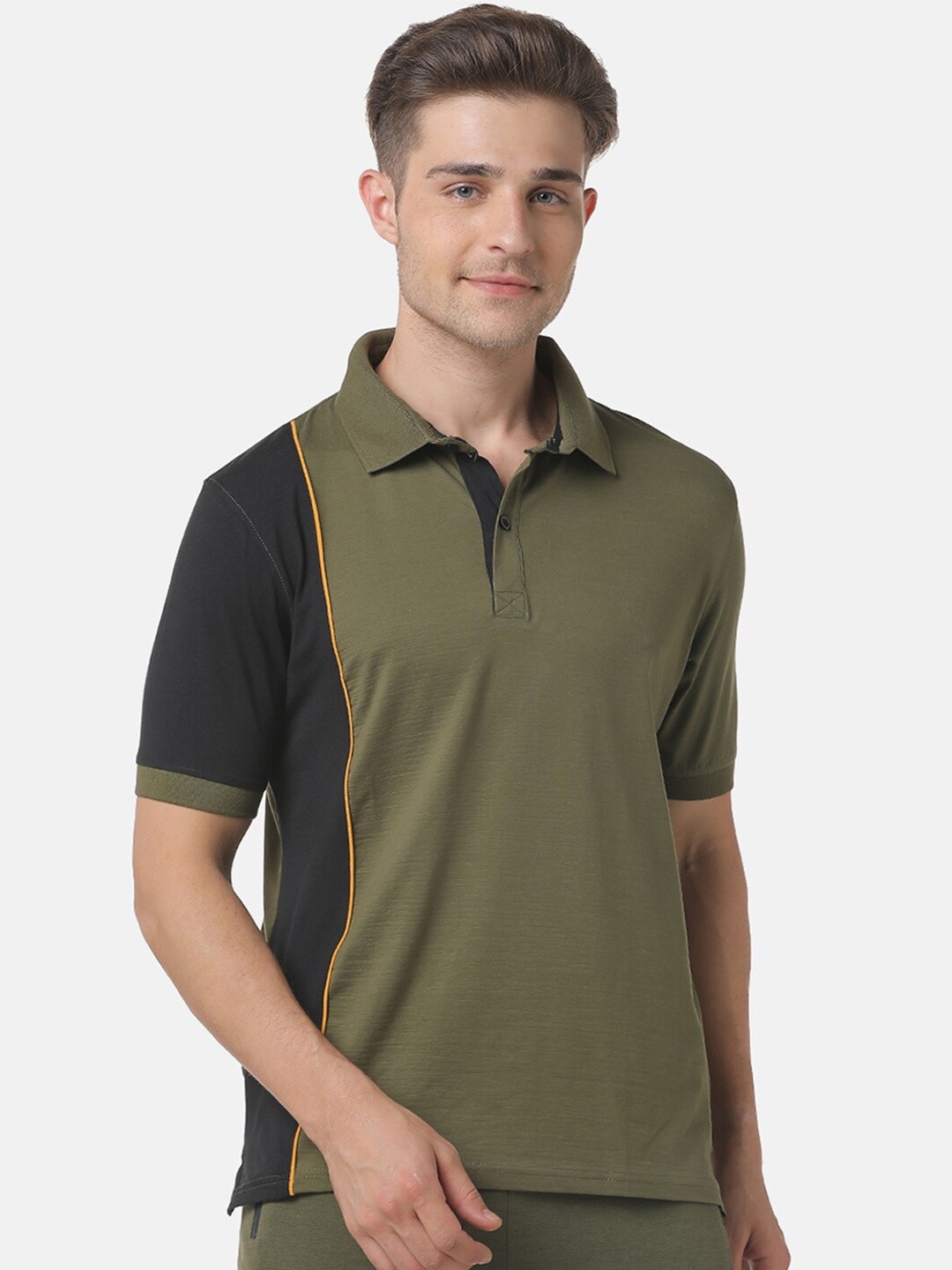 

Campus Sutra Men Olive & Black Colourblocked Polo Collar T-shirt