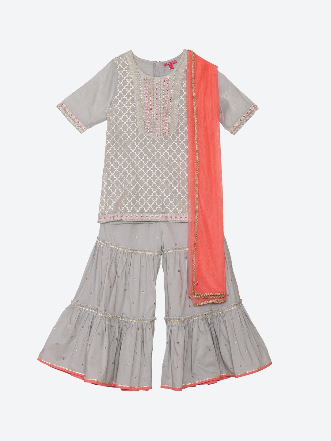 

Biba Girls Grey Ethnic Motifs Printed Kurti with Sharara & Dupatta