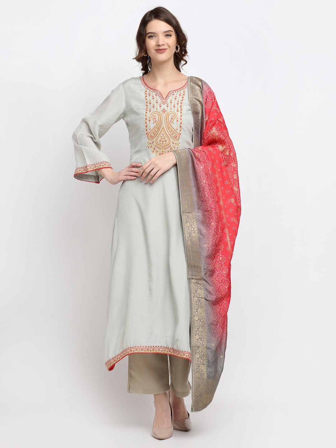 

Stylee LIFESTYLE Grey & Red Embroidered Pure Silk Unstitched Dress Material