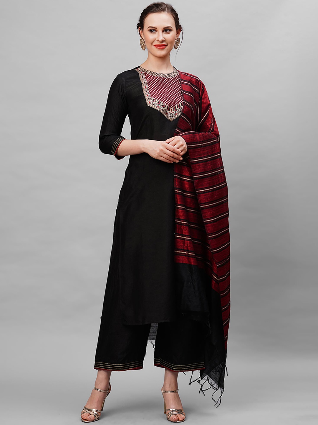 

Indo Era Women Black & Maroon Straight Kurta Palazzo With Dupatta Set