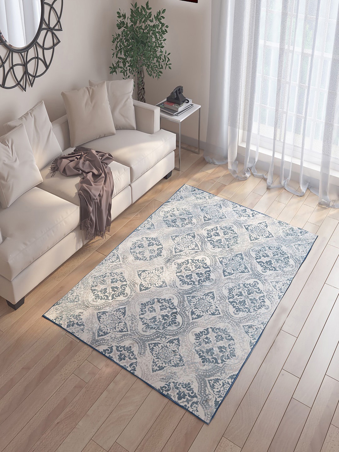 

Status Grey & Blue Ethnic Motif Printed Anti-Skid Carpet