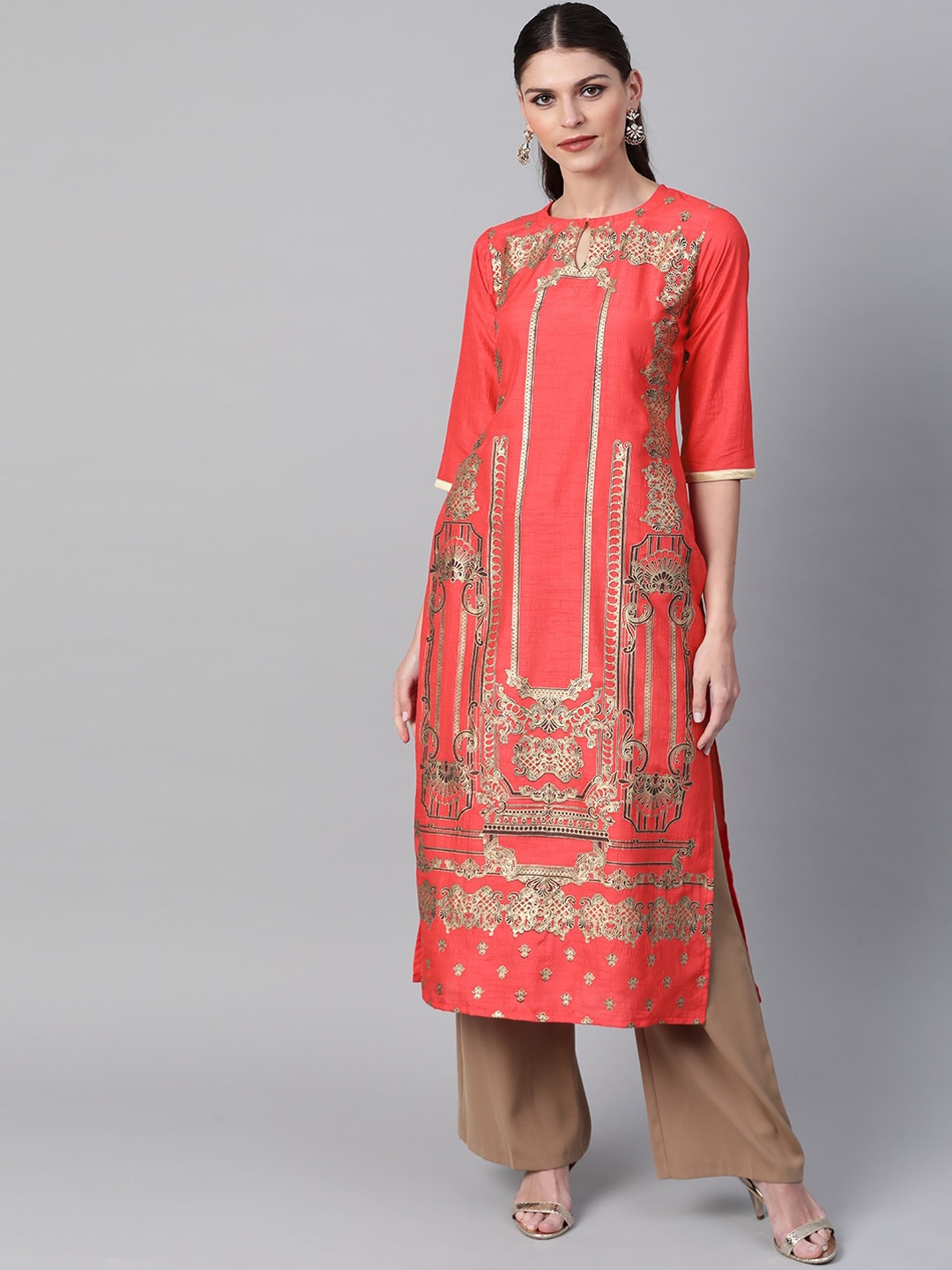 

Libas Women Coral Ethnic Motifs Printed Keyhole Neck Kurta