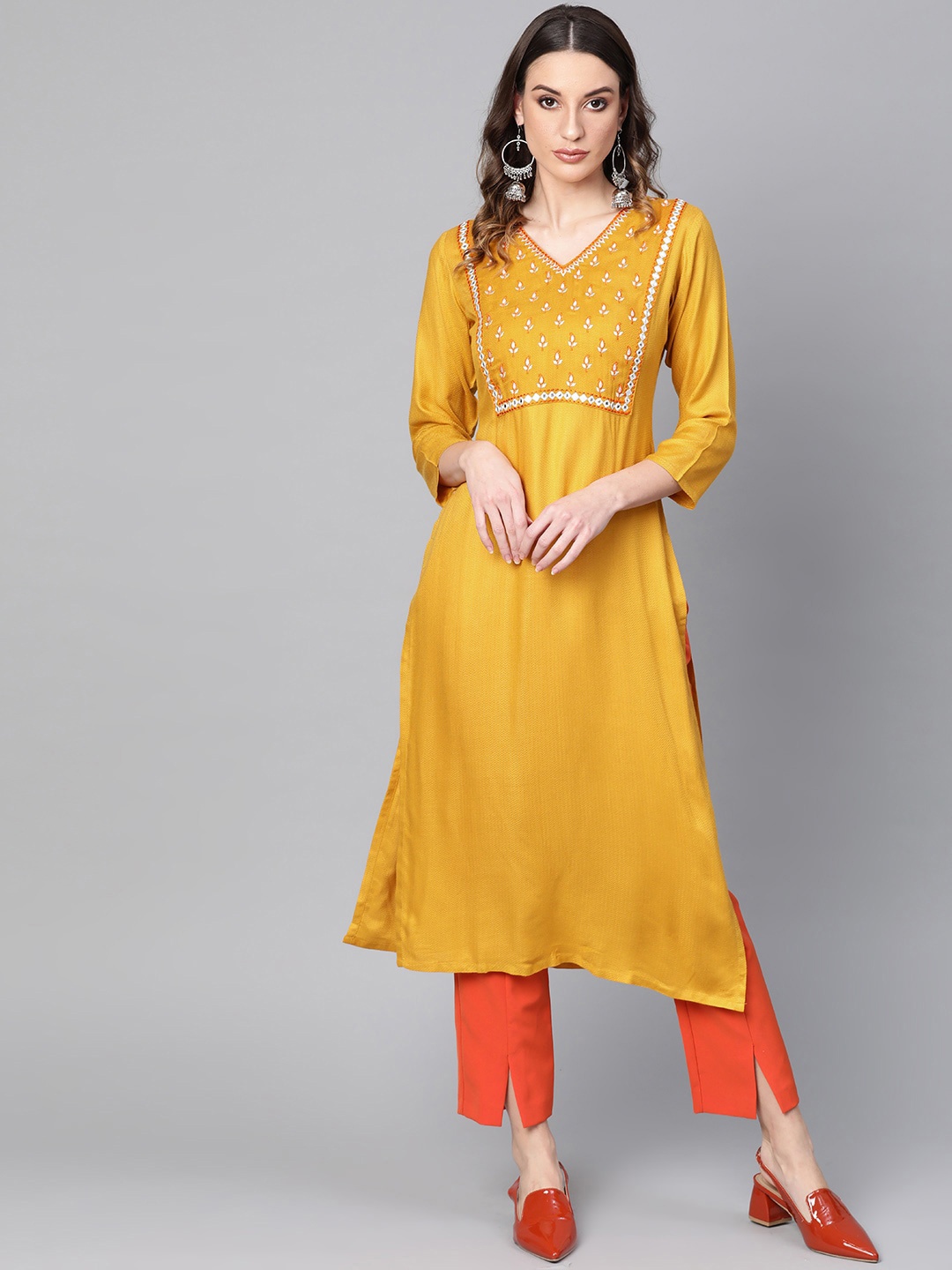 

Libas Women Yellow Yoke Design Yoke Design Thread Work Kurta