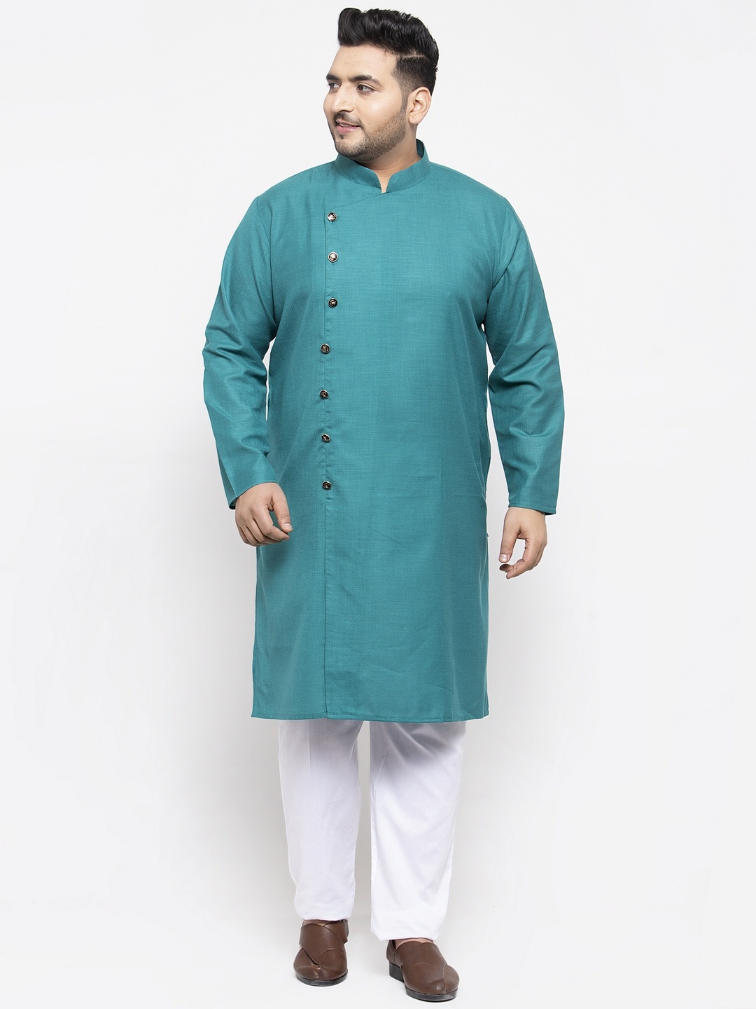 

plusS Men Teal & White Angrakha Pure Cotton Kurta with Pyjamas