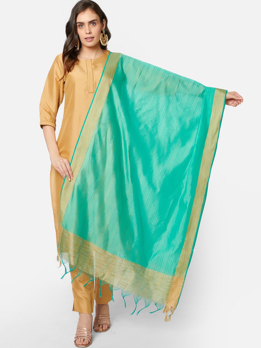 

Dupatta Bazaar Sea Green & Gold-Toned Cotton Silk Dupatta with Zari