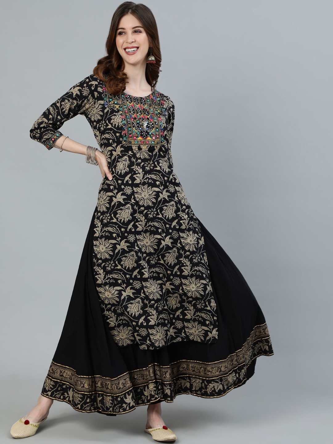 

Ishin Women Black Ethnic Motifs Embroidered Pure Cotton Kurta with Skirt