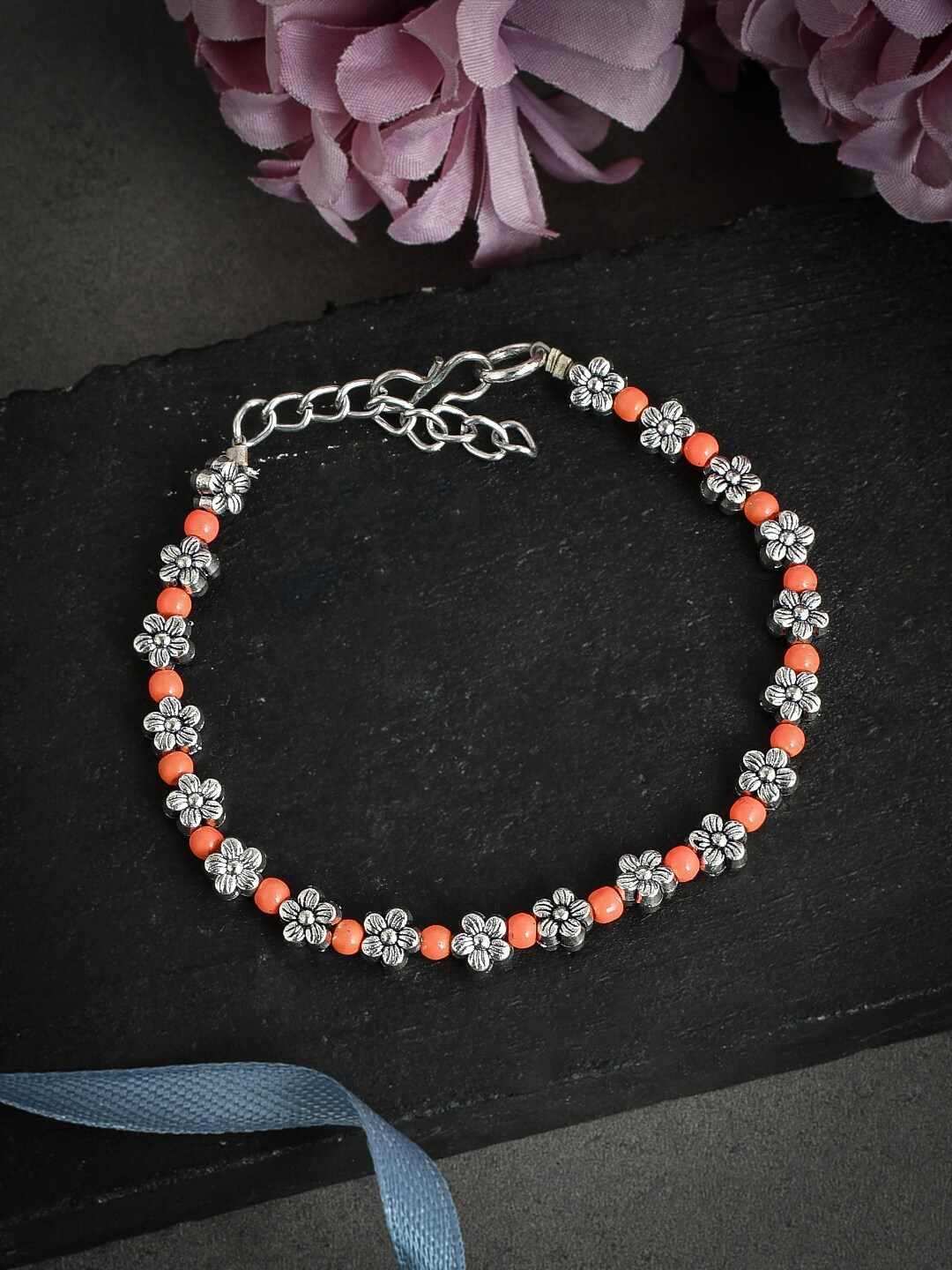 

Silvermerc Designs Set Of 2 Silver-Plated Orange Beaded Flower Anklets