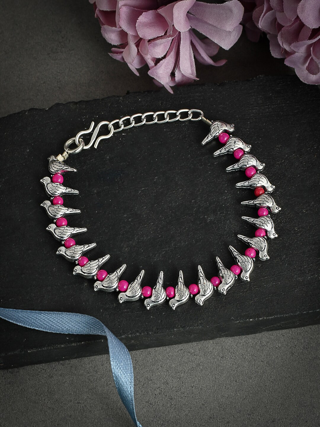 

Silvermerc Designs Women Silver-Plated Pink Beaded Charm Handcrafted Anklet