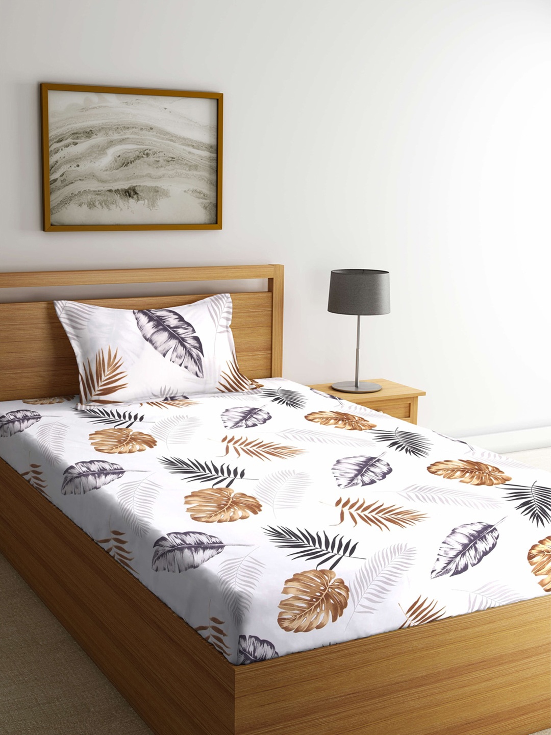 

KLOTTHE White & Brown Floral 210 TC Polycotton 1 Single Bedsheet with 1 Pillow Covers