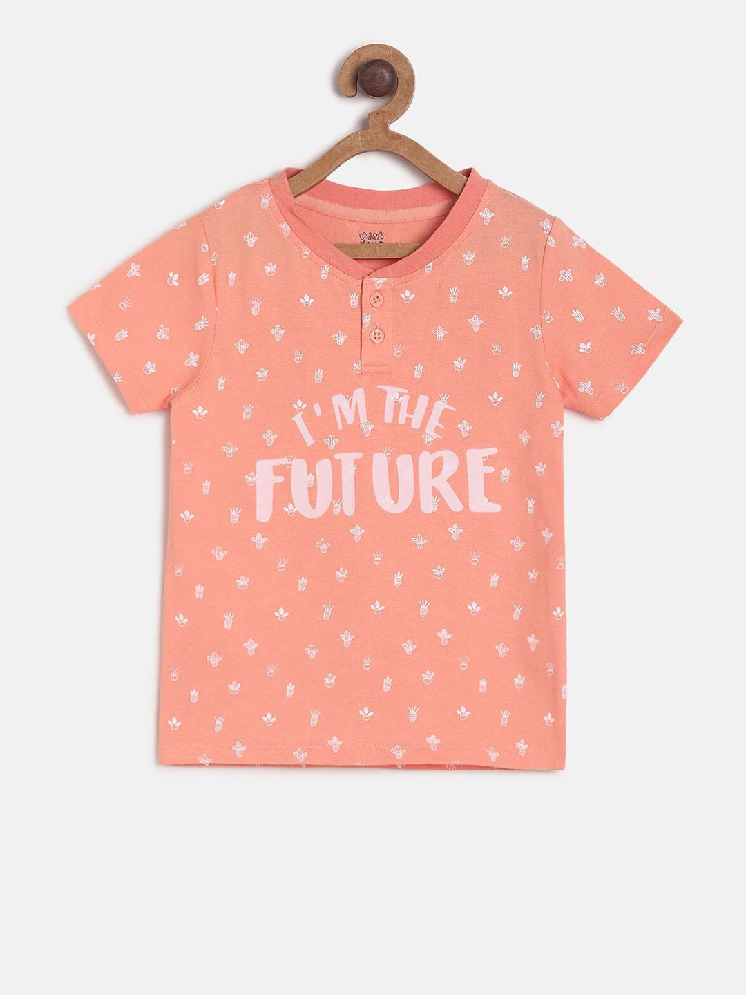 

MINI KLUB Boys Peach White Printed Mandarin Collar Cotton Pure Cotton T-shirt