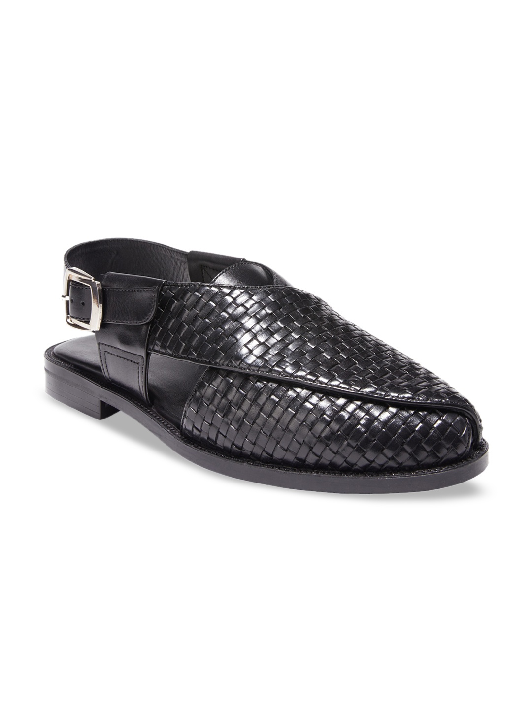 

dmodot Men Black Woven Design Leather Mules