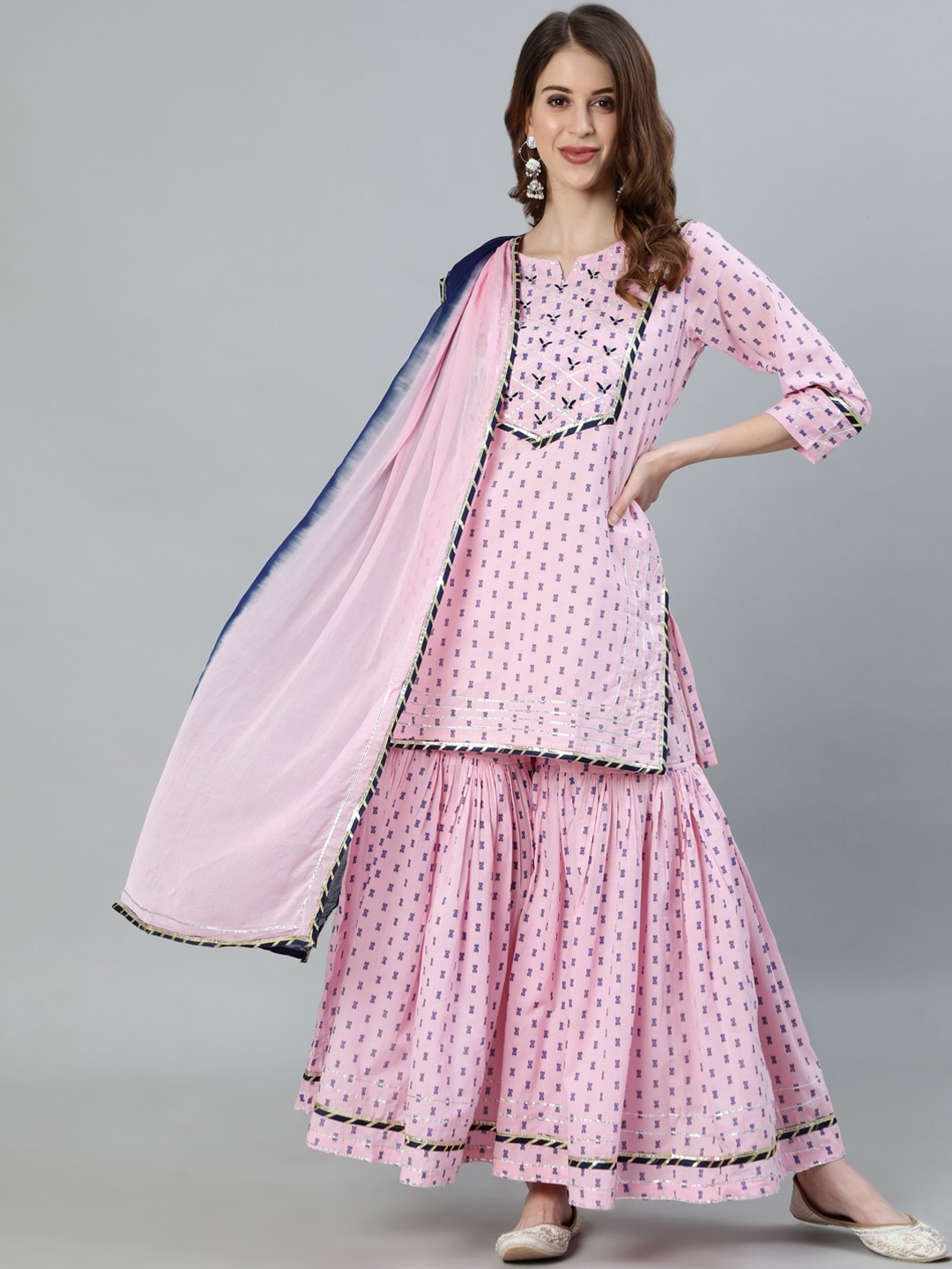 

Ishin Women Pink Ethnic Motifs Embroidered Empire Pure Cotton Kurti with Sharara & With Dupatta