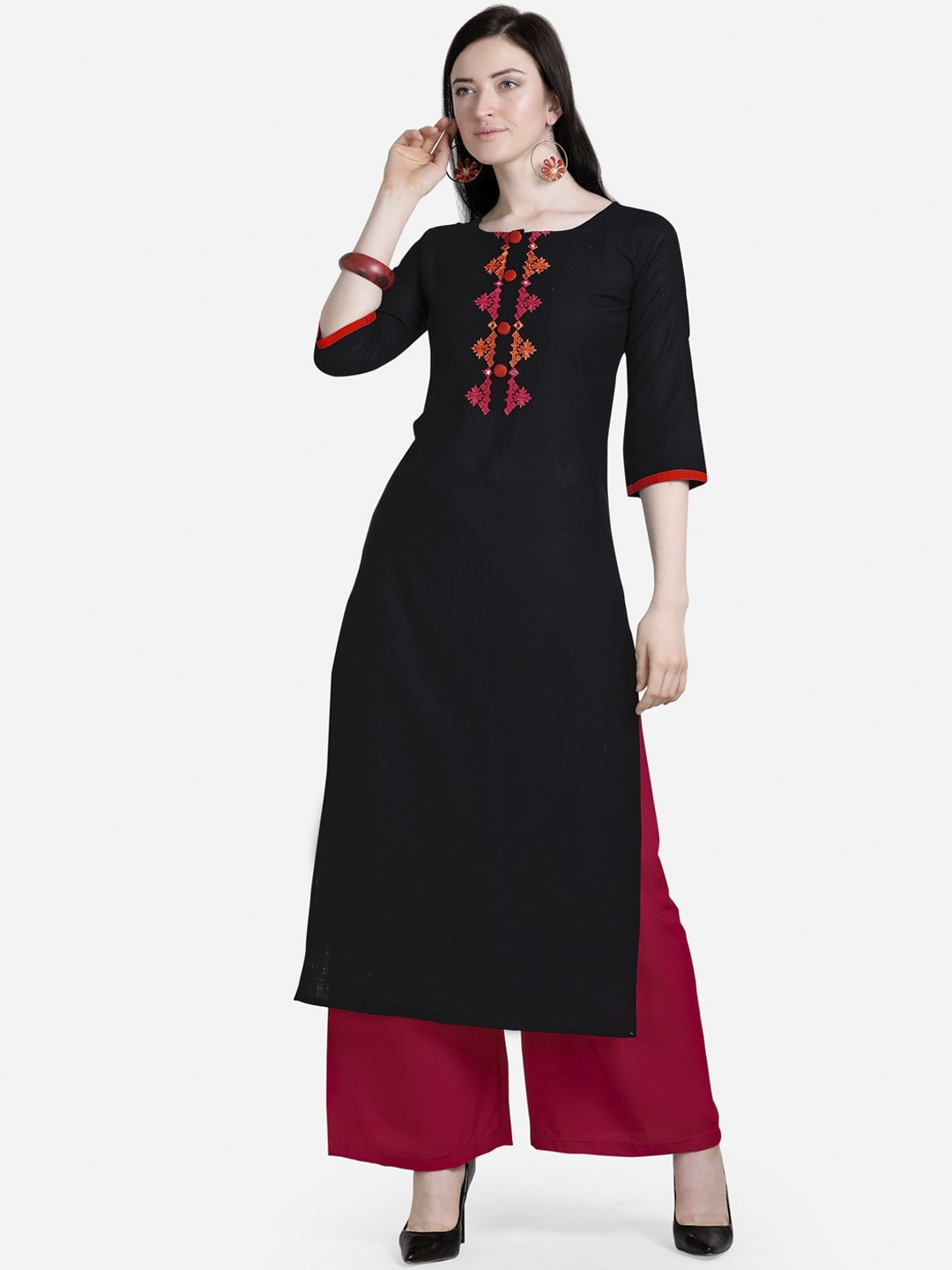 

SAADHVI Women Black & Red Ethnic Motifs Embroidered Kurta with Palazzos