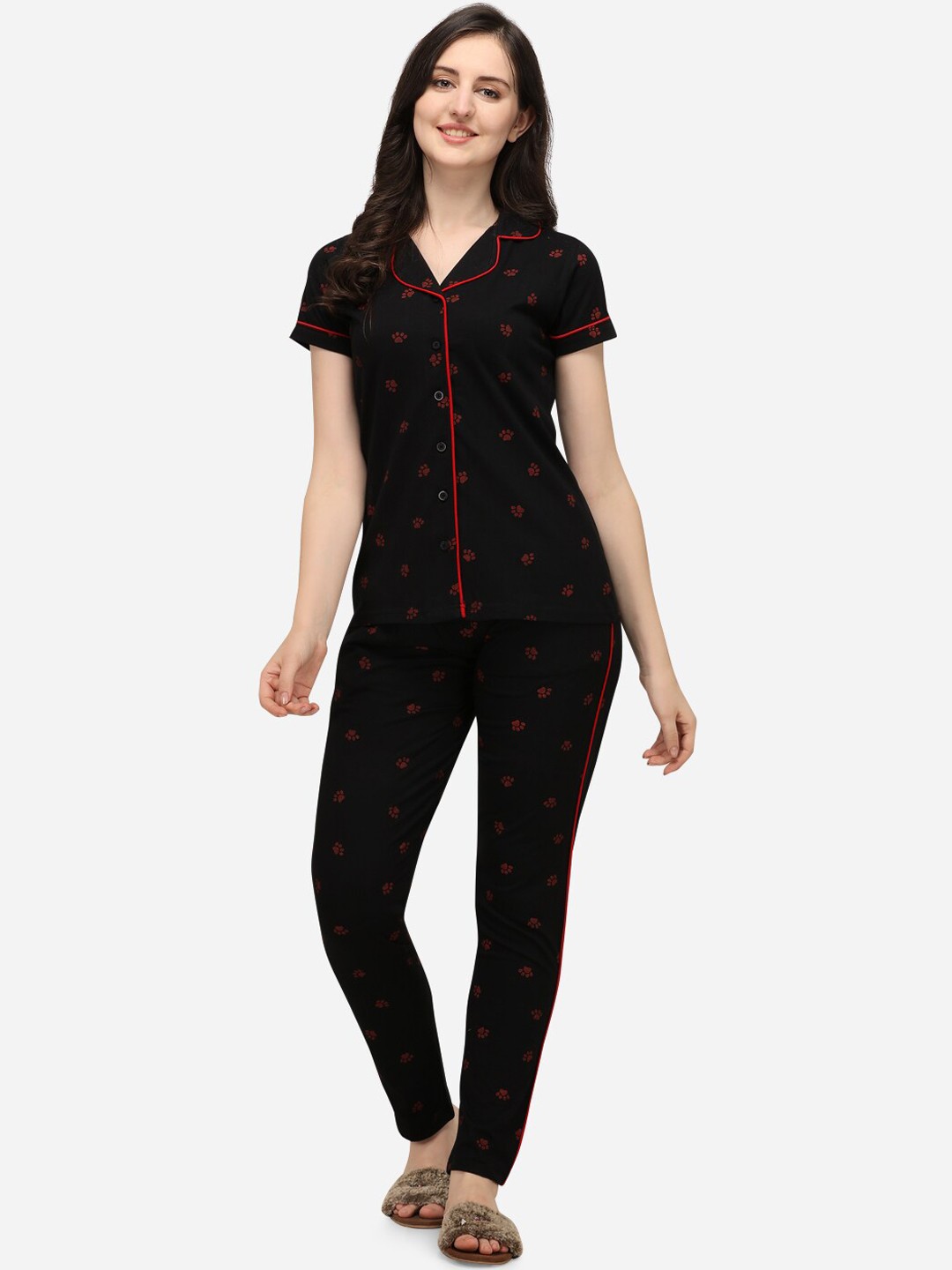 

Lenissa Women Black & Red Printed Cotton Night Suit