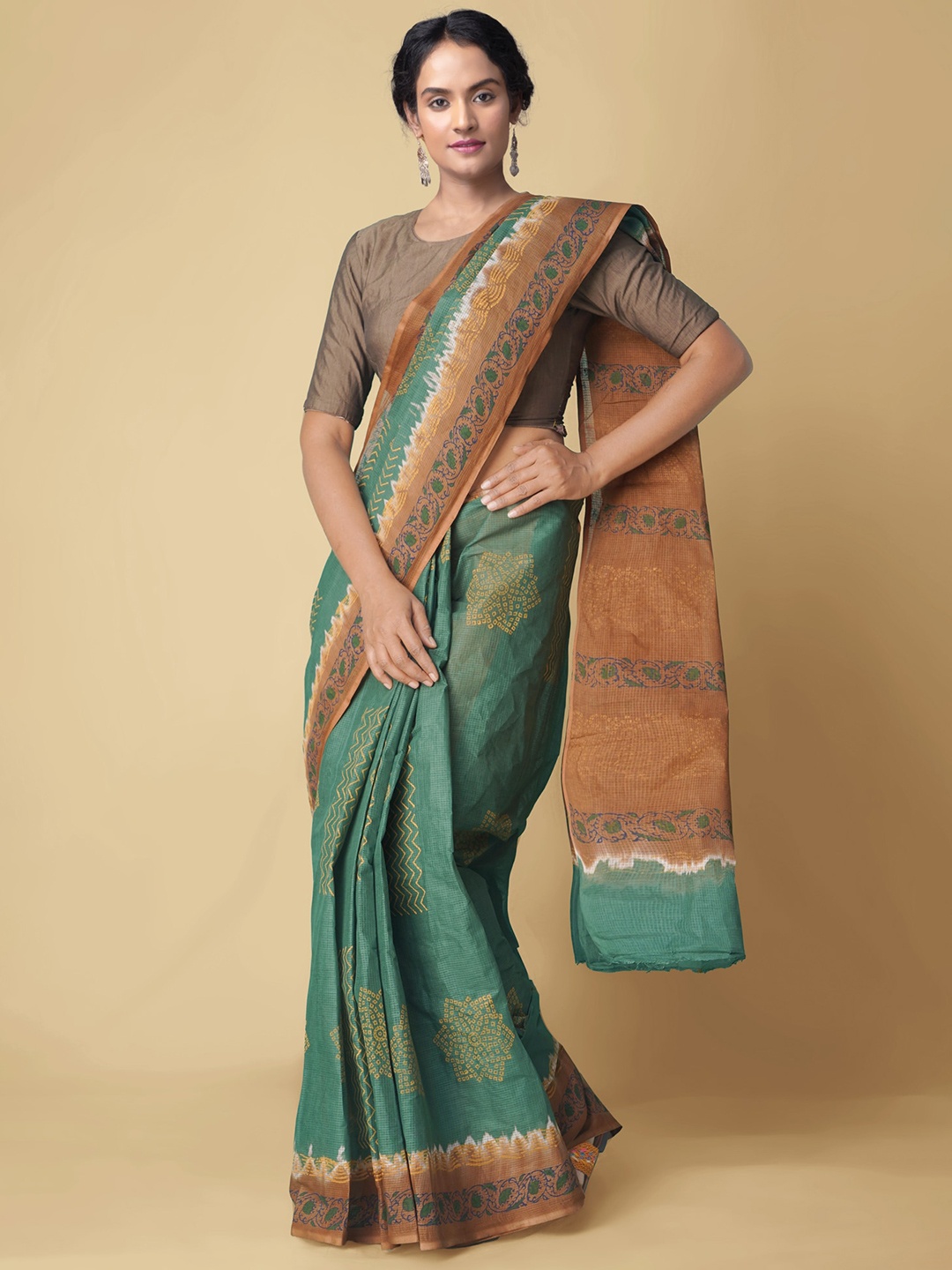 

Unnati Silks Green & Brown Block Printed Handloom Pure Cotton Kota Saree