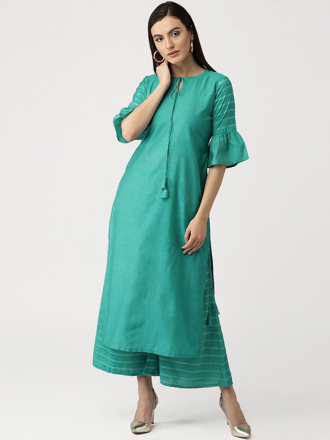 

Libas Women Blue Pleated Kurti with Palazzos
