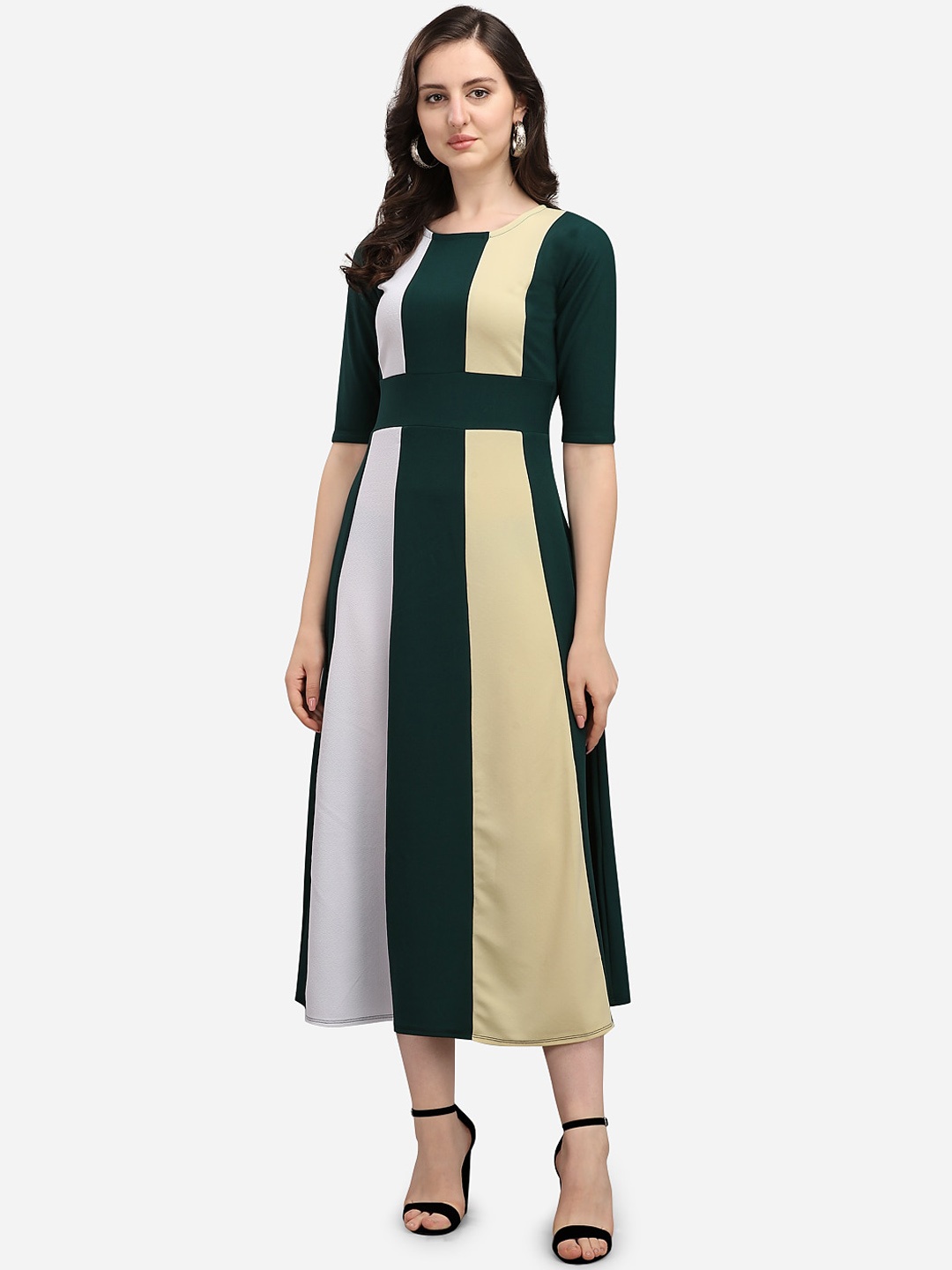 

PURVAJA Green & White Colourblocked A-Line Midi Dress