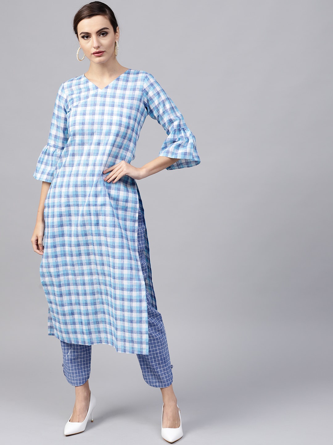 

GERUA Women Blue Printed Panelled Pure Cotton Kurti with Trousers