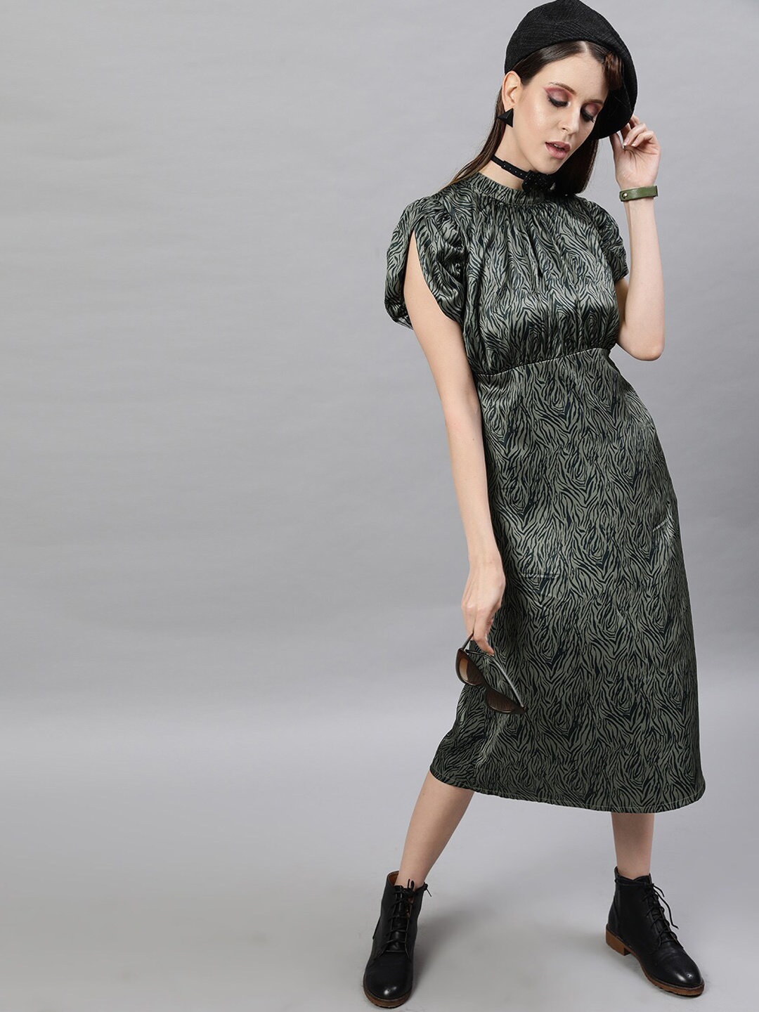 

STREET 9 Green Satin A-Line Dress