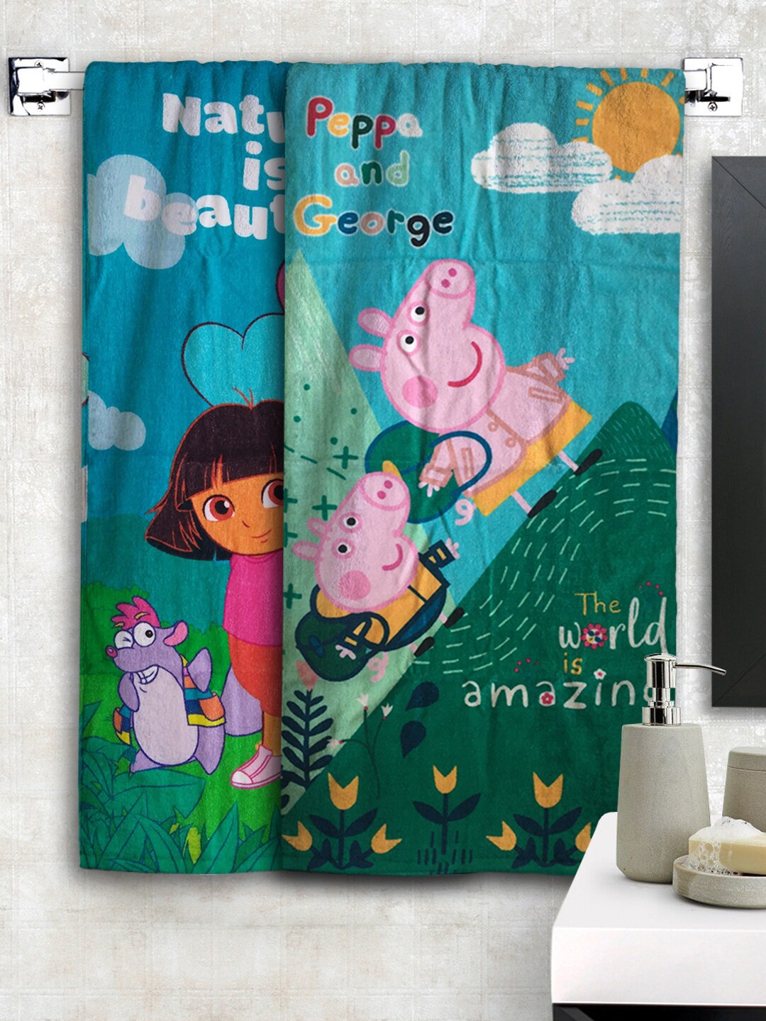 

Athom Trendz Kids Set Of 2 Peppa Pig & Dora Printed 350 GSM Bath Towels, Turquoise blue