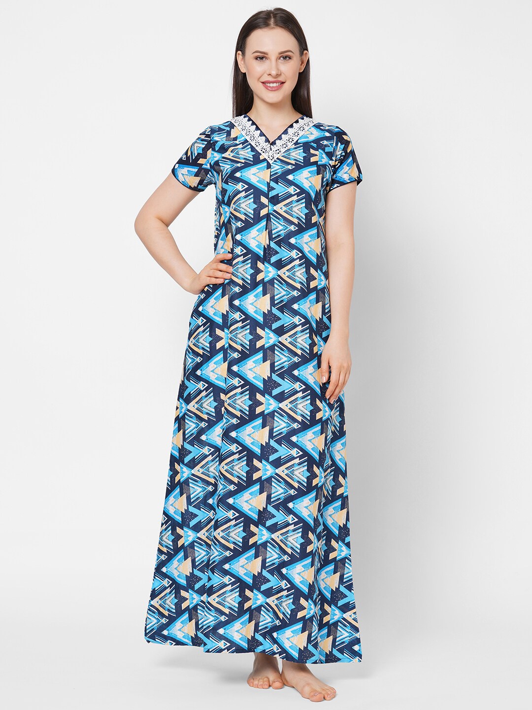 

Sweet Dreams Navy Blue & White Printed Cotton Maxi Nightdress