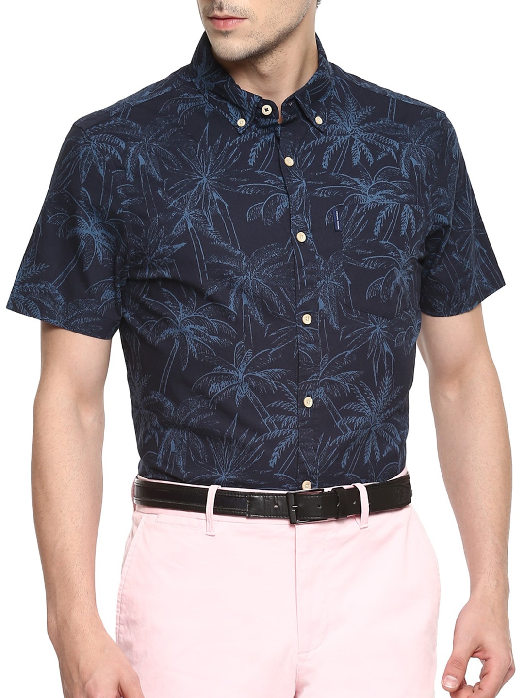 

Original Penguin Men Navy Blue Tropical Printed Button-down Collar Cotton Casual Shirt