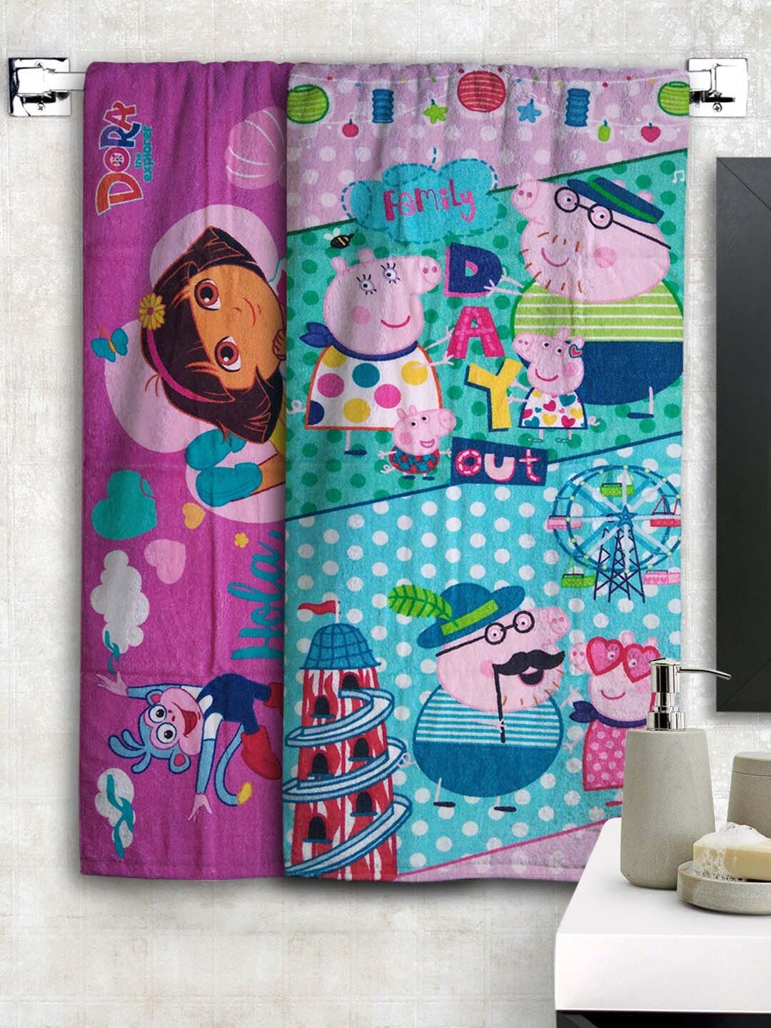 

Athom Trendz Peppa Pig & Dora Kids Bath Towel 350 GSM 60x120cm Combo Pack, Blue