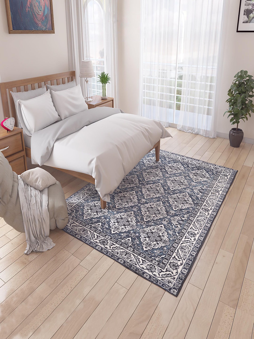 

Status Teal Blue & Beige Ethnic Motif Anti-Skid Carpet